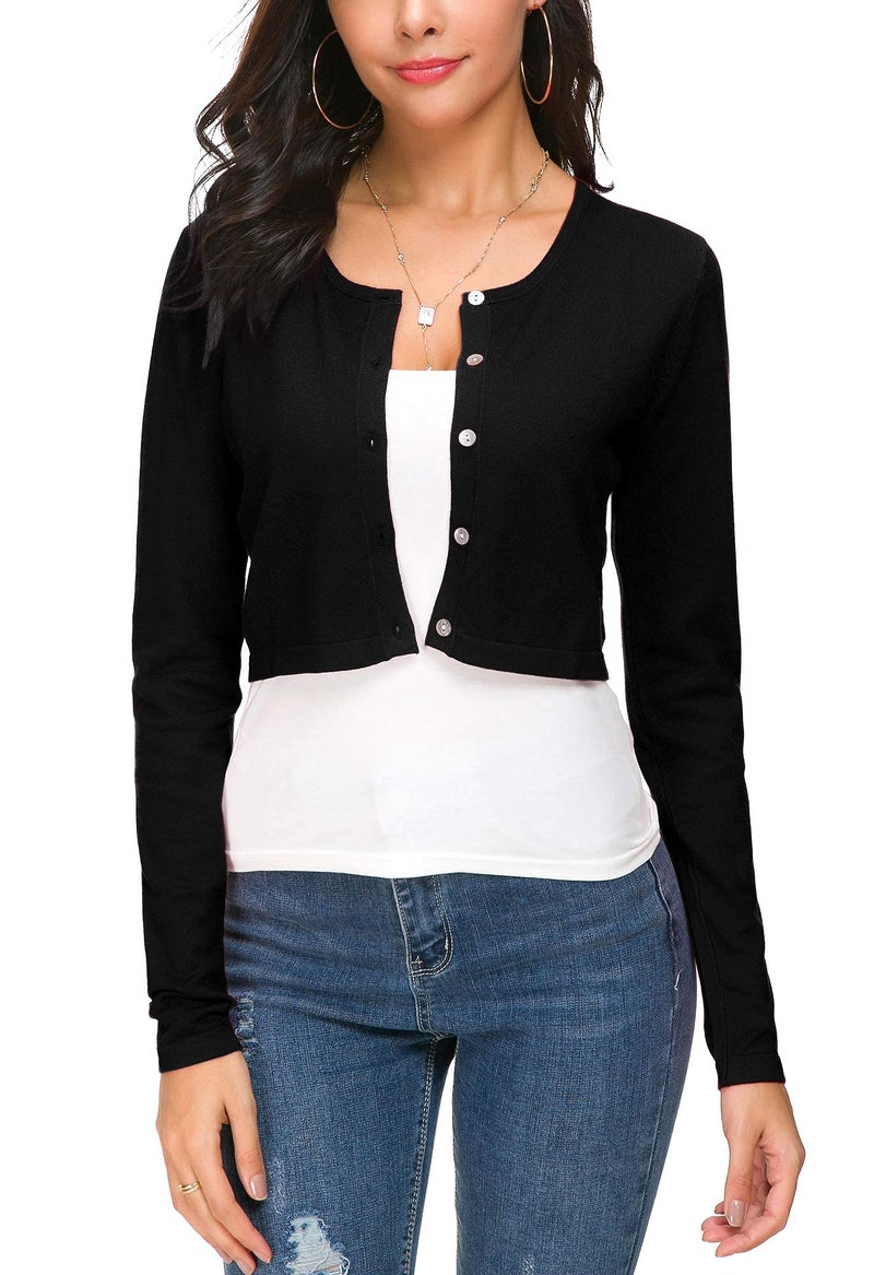 EXCHIC Women's Cropped Knit Cardigan Sweater Long Sleeve Button Down Open Front Bolero Shrug for Spring and Fall (L, Black) - Image 2